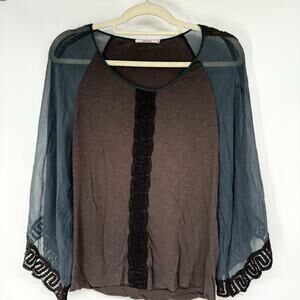 Language Silk Blend Blouse L Brown Blue Colorblock Lace Trim Semi Sheer Raglan